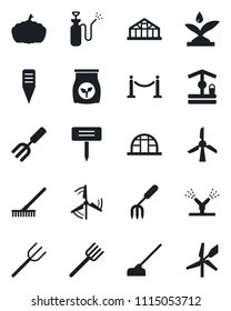 Set of vector isolated black icon - fence vector, garden fork, farm, rake, well, hoe, plant label, pumpkin, greenhouse, sprayer, fertilizer, windmill, irrigation