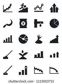 Set of vector isolated black icon - growth statistic vector, sprout, hoe, sickle, fertilizer, drip irrigation, bar graph, pie, point, career ladder, arrow up, crisis