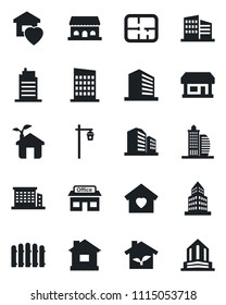 Set of vector isolated black icon - office building vector, fence, house, garden light, store, plan, sweet home, city, cafe, eco