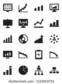Set of vector isolated black icon - growth statistic vector, hierarchy, monitor, circle chart, pulse, clipboard, statistics, presentation board, bar graph, pie, point, arrow up, crisis