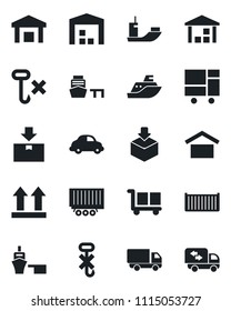 Set of vector isolated black icon - sea shipping vector, truck trailer, cargo container, car delivery, port, consolidated, warehouse storage, up side sign, no hook, package, moving