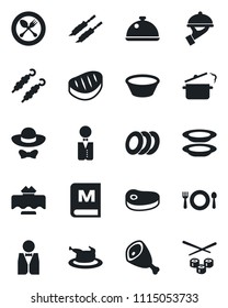 Set of vector isolated black icon - spoon and fork vector, waiter, dish, restaurant table, cafe, menu, plates, dress code, chicken, steak, kebab, ham, bowl, steaming pan, sushi