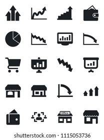 Set of vector isolated black icon - shop vector, growth statistic, crisis graph, store, monitor statistics, pie, hr, arrow up, wallet, cart, presentation, storefront