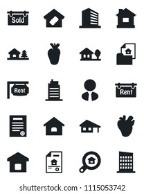 Set of vector isolated black icon - office building vector, house, real heart, contract, with garage, tree, estate document, rent, sold signboard, search, agent, smart home, city