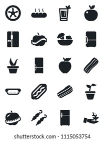Set of vector isolated black icon - seedling vector, diet, fridge, salad, bacon, bread, kebab, hot dog, apple fruit, fan, palm sprout
