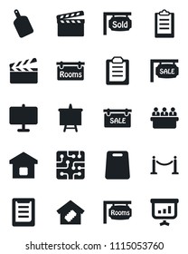 Set of vector isolated black icon - fence vector, presentation board, meeting, clipboard, clapboard, sale, rooms, sold signboard, smart home, cutting, chip
