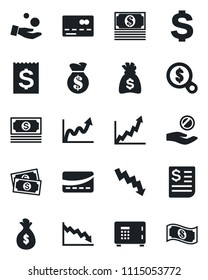 Set of vector isolated black icon - credit card vector, safe, dollar sign, money bag, crisis graph, cash, receipt, growth, search, investment