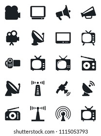 Set of vector isolated black icon - antenna vector, satellite, radio, loudspeaker, tv, video camera