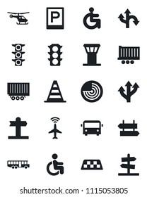 Set of vector isolated black icon - airport tower vector, plane radar, taxi, bus, parking, signpost, border cone, helicopter, disabled, route, traffic light, truck trailer, guidepost