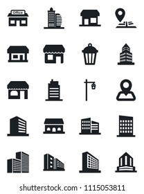Set of vector isolated black icon - shop vector, office building, navigation, store, city house, cafe, storefront