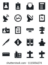 Set of vector isolated black icon - no smoking vector, reception, identity card, book, document, reload, pulse clipboard, signpost, satellite antenna, radio phone, mail, pen, reserved, information