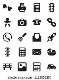 Set of vector isolated black icon - baby vector, mail, printer, garden fork, bench, broken bone, traffic light, camera, chain, gallery, calculator, phone, salad, rocket, car