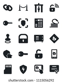 Set of vector isolated black icon - fence vector, security gate, stamp, safe, hose, flammable, chain, protect, sd, lock, face id, key, wireless, home control app, combination, certificate