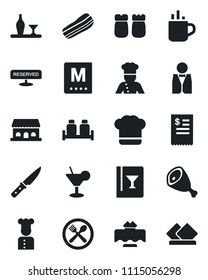 Set of vector isolated black icon - hot cup vector, waiter, cook, alcohol, restaurant table, cafe, hat, wine card, menu, reserved, cocktail, bacon, salt and pepper, building, receipt, ham, knife