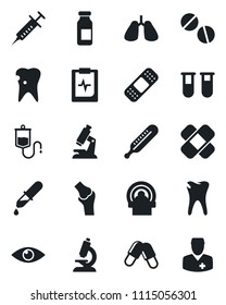 Set of vector isolated black icon - syringe vector, blood test vial, dropper, thermometer, microscope, pills, ampoule, patch, tomography, lungs, caries, eye, joint, pulse clipboard, doctor