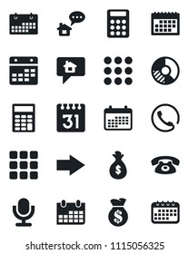 Set of vector isolated black icon - right arrow vector, calendar, circle chart, microphone, menu, calculator, phone, home message, money bag