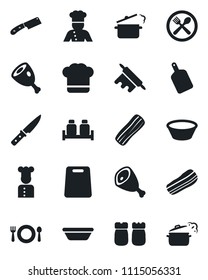 Set of vector isolated black icon - cook vector, cafe, hat, bacon, salt and pepper, ham, bowl, rolling pin, cutting board, knife, steaming pan