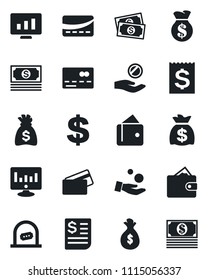 Set of vector isolated black icon - credit card vector, ticket office, dollar sign, money bag, statistic monitor, cash, receipt, wallet, investment