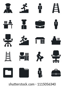 Set of vector isolated black icon - manager vector, desk, ladder, folder, career, cook, office chair, case