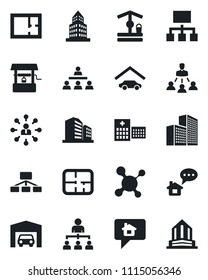 Set of vector isolated black icon - hierarchy vector, well, molecule, hospital, office building, garage, plan, home message