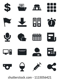 Set of vector isolated black icon - dollar sign vector, office binder, calendar, syringe, microphone, menu, alarm, download, news, document folder, support, mail, egg stand, cafe building, pc, flag