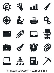 Set of vector isolated black icon - alarm clock vector, hierarchy, saw, root setup, case, paper clip, bar graph, news, target, printer, notebook pc, pencil, mail, gear, office chair, man with