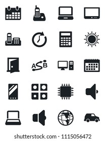 Set of vector isolated black icon - sun vector, calendar, route, tv, laptop pc, radio phone, mobile, application, office, notebook, chip, sound, door, clock, earth, calculator, car