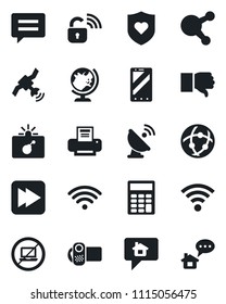 Set of vector isolated black icon - no laptop vector, bomb in case, globe, mobile phone, heart shield, satellite antenna, video camera, share, finger down, fast forward, message, network, wireless
