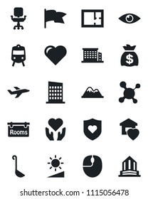 Set of vector isolated black icon - train vector, mouse, money bag, heart, molecule, shield, hand, eye, plane, brightness, office chair, mountains, plan, rooms, building, sweet home, city house