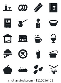 Set of vector isolated black icon - spoon and fork vector, pumpkin, seeds, coffee, waiter, alcohol, wine card, plates, bacon, egg stand, bread, cafe building, candle, alcove, restaurant receipt
