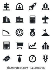 Set of vector isolated black icon - reception vector, office building, arrow up graph, motivation, rocket, money bag, clock, growth, crisis, cart, calculator, mail, tie, guidepost, air balloon