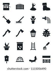 Set of vector isolated black icon - job vector, flower in pot, garden fork, rake, ladder, seedling, watering, sprout, boot, lady bug, well, axe, light, greenhouse, seeds, caterpillar, bird house
