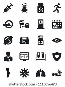Set of vector isolated black icon - medical room vector, monitor pulse, syringe, blood pressure, test vial, pills bottle, tomography, run, heart shield, lungs, eye, joint, calendar, doctor, virus