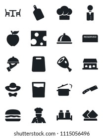 Set of vector isolated black icon - cafe vector, waiter, cook, dish, hat, reserved, drink, salt and pepper, building, dress code, ham, hamburger, cutting board, knife, steaming pan, apple fruit