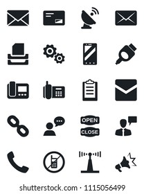 Set of vector isolated black icon - no mobile vector, phone, speaking man, mail, office, satellite antenna, speaker, chain, hdmi, call, clipboard, paper tray, open close, intercome, gear