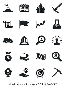 Set of vector isolated black icon - target vector, consumer search, arrow up graph, shining head, motivation, money bag, growth, investment, calendar, flask, flag, cash, car, contract, tree