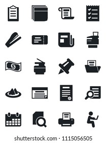 Set of vector isolated black icon - ticket vector, document search, calendar, news, paper pin, clipboard, folder, blank box, checklist, printer, copier, contract, stapler, serviette, cash, schedule