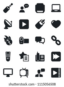 Set of vector isolated black icon - satellite antenna vector, flame disk, tv, video camera, remote control, dialog, speaker, monitor, laptop pc, radio phone, chain, favorites list, heart, rca, hdmi