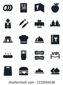 Set of vector isolated black icon - waiter vector, dish, restaurant table, cook hat, wine card, reception, drink, plates, salt and pepper, bread, cafe building, vip zone, open close, receipt, kebab