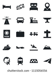Set of vector isolated black icon - runway vector, taxi, arrival, airport bus, train, passport, bed, baggage lorry, plane, globe, building, case, signpost, pin, sea shipping, route, mountains, table
