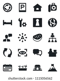 Set of vector isolated black icon - parking vector, female, hierarchy, manager place, seedling, term, camera, network, dialog, speaker, update, root setup, house, bedroom, cafe building, steak