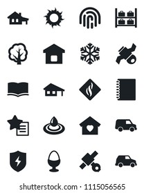 Set of vector isolated black icon - luggage storage vector, book, tree, sun, satellite, favorites list, protect, fingerprint id, copybook, house with garage, sweet home, smart, egg stand, snowflake