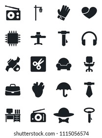 Set of vector isolated black icon - case vector, desk, tie, glove, garden light, real heart, satellite, umbrella, radio, headphones, cut, office chair, cushioned furniture, restaurant table, chip