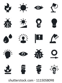 Set of vector isolated black icon - bulb vector, lady bug, fire, sun, eye, important flag, brightness, desk lamp, water, energy saving, shining head, idea