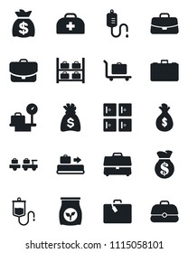 Set of vector isolated black icon - suitcase vector, baggage conveyor, trolley, lorry, luggage storage, scales, checkroom, case, money bag, fertilizer, doctor, dropper