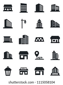 Set of vector isolated black icon - taxi vector, shop, office building, garden light, navigation, store, city house, cafe, storefront
