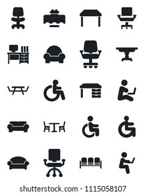 Set of vector isolated black icon - cafe vector, waiting area, disabled, office chair, desk, picnic table, cushioned furniture, restaurant, man with notebook