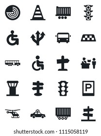 Set of vector isolated black icon - airport tower vector, taxi, bus, parking, passport control, alarm car, border cone, radar, helicopter, disabled, route, signpost, traffic light, truck trailer