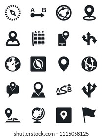 Set of vector isolated black icon - globe vector, seat map, route, navigation, pin, mobile tracking, network, place tag, compass, earth, flag
