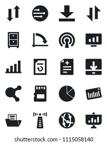 Set of vector isolated black icon - antenna vector, crisis graph, statistic monitor, document reload, diagnosis, barcode, network, share, sd, data exchange, download, bar, pie, folder, archive box